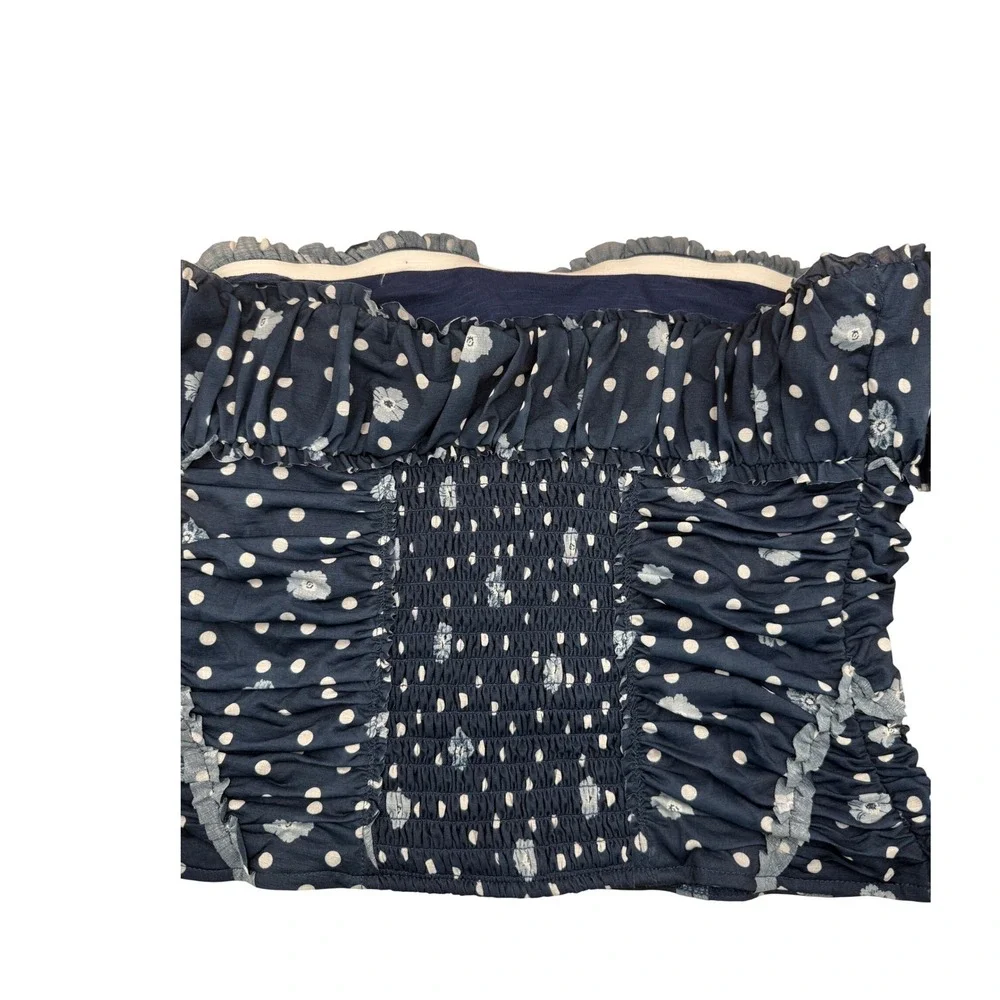 Free People Tube Top Navy Blue White Polka Dot Ruched Ruffle Fitted Large